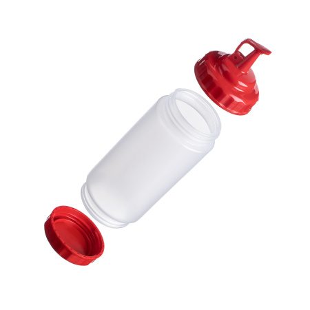 Фото Емкость для соуса Gastroplast 500 мл, D 70 мм, H 200 мм, 2 крышки (красные) прозрачная артикул 79686 1