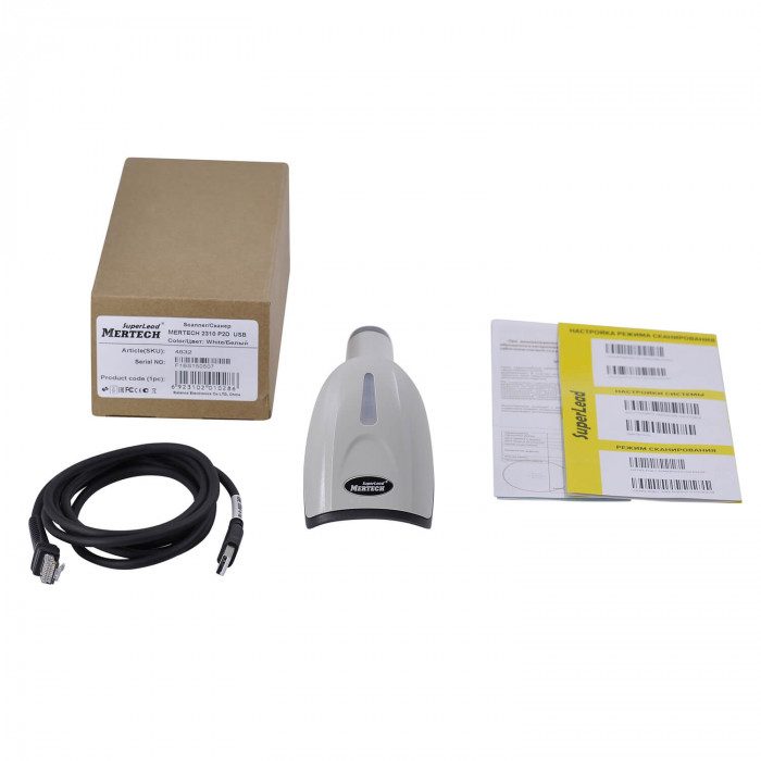 Фото Ручной сканер штрих-кодов MERTECH 2310 P2D USB, USB эмуляция RS232 white 3m cable 1